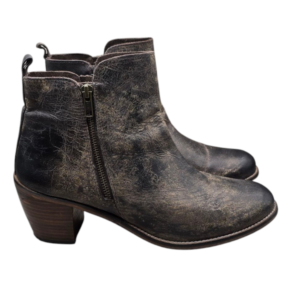 Diba Boots Booties Women's 11 Brown Distressed Chunky Stacked Heel Western Boho
